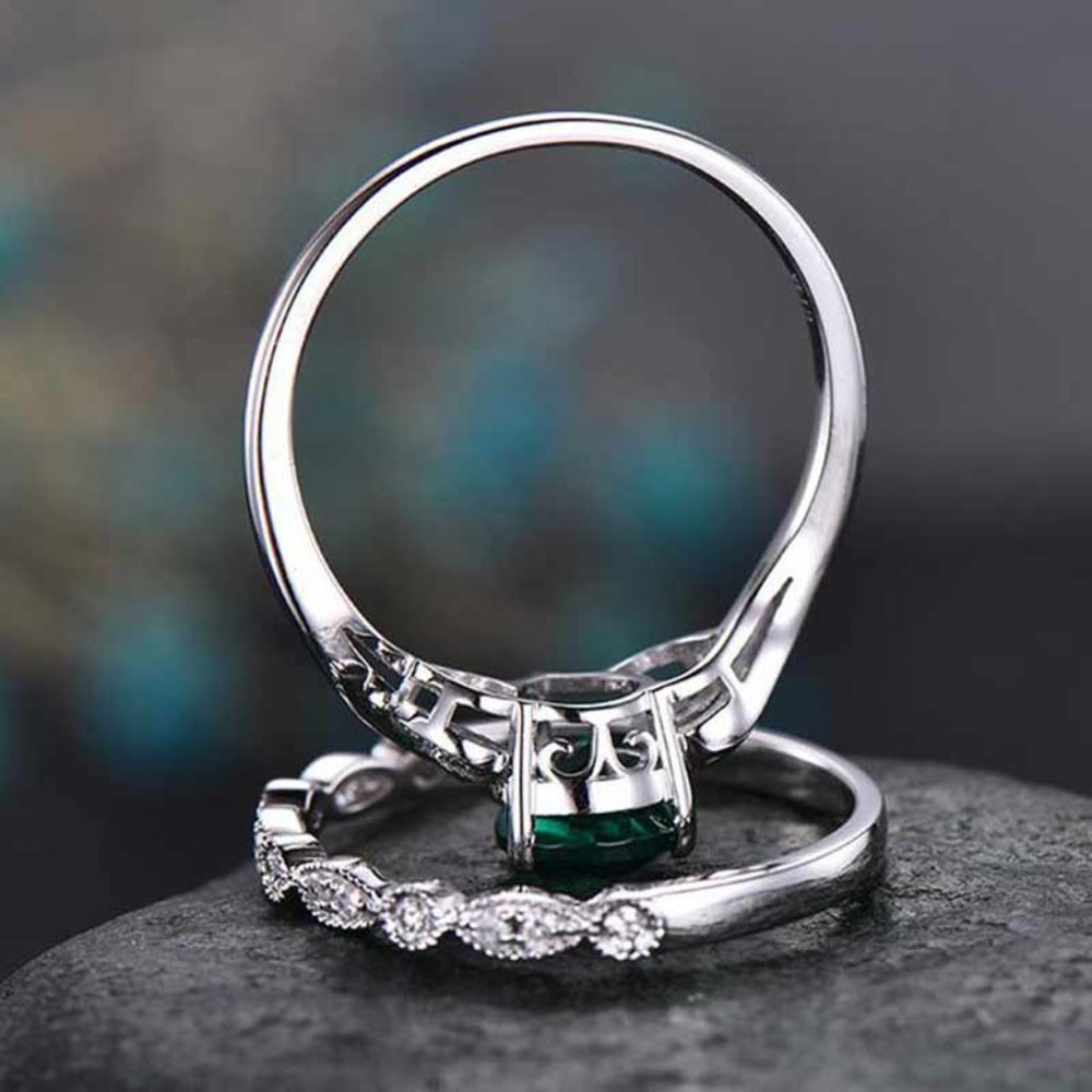 Elegant Dainty Lake Green Anillos 925 Silver Couple Ring Set, VIP211 - Picture 5 of 6
